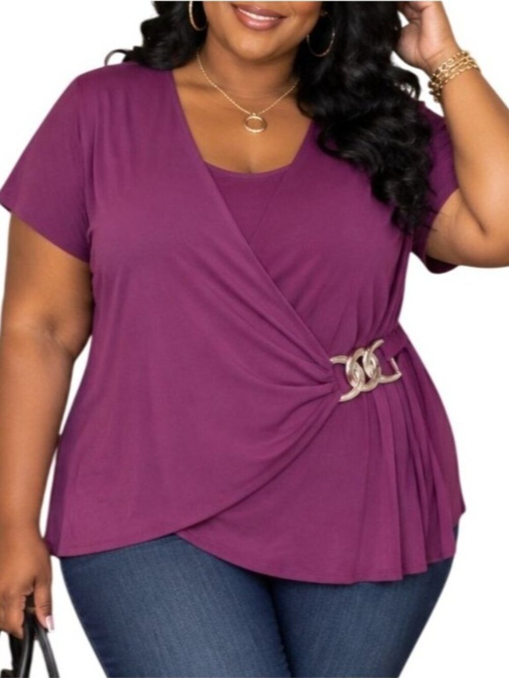 Rachel Rachel Plus Size 1X Top Short Sleeve Purple Chain Accent